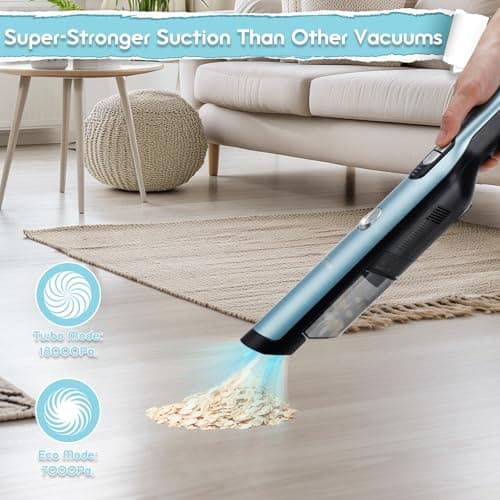 VACFAM Handheld Cordless Vacuum Cleaner, Portable Car Vacuum with 18KPa Suction Power, Quick-Charge Hand Vac with LED Headlight & Storage Dock for Home Office Desk Keyboards Pet Hair, Blue - Thumbnail 3