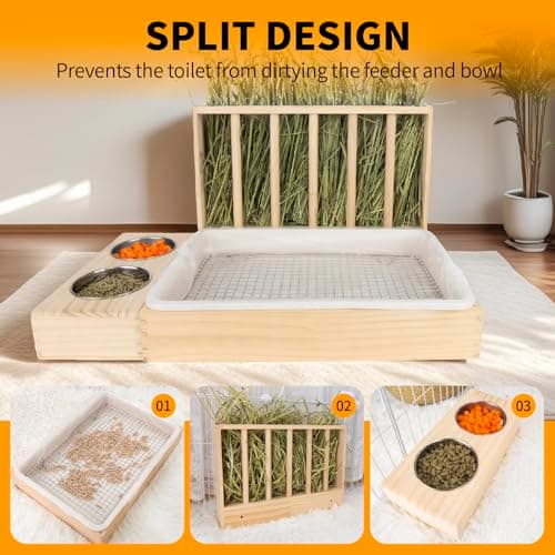 BESNEW 3 in 1 Rabbit Hay Feeder with Litter Box,Upgraded Wooden Hay Feeder Set for Guinea Pig Chinchilla Bunny Other Small Animals,Quick Cleaning & Large Capacity & Preventing Waste - Thumbnail 3