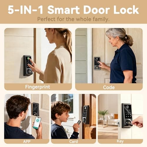 IRONZON Smart Door Lock, 5-in-1 Keypad Deadbolt for Front Door, Keyless Entry Door Lock with App Control, Auto-Lock, Anti-Peeping Password, 4 IC Cards, 15-Min Installation, Black - Thumbnail 2