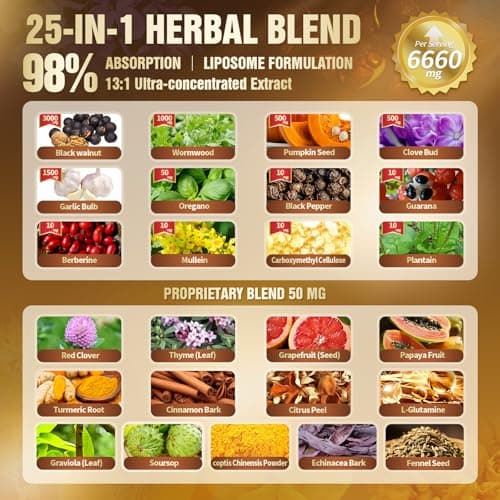 25-in-1 Liposomal Black Walnut Wormwood Clove Tincture, 6660mg Cleanse for Humans Drops Liquid, Lymphatic Support with Garlic, Mullein, Soursop, Pumpkin Seed, Berberine, Turmeric, Echinacea, Cinnamon - Thumbnail 3
