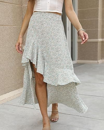 BTFBM Women 2026 Spring Summer Long Skirts Dress Boho Floral Elastic Waist Split Ruffle High Low Beach Maxi Skirt Clothes(Z-White, Large) - Thumbnail 3