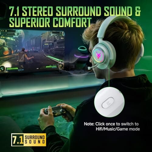 Wireless Gaming Headset for PS5 PS4 PC Switch Mac - 2.4GHz USB/Type-C & Bluetooth 5.4 RGB Headphones with 100H Battery, 7.1 Surround Sound, Noise Cancelling Mic & 3 Audio Modes (HiFi/Music/Game) - Thumbnail 5