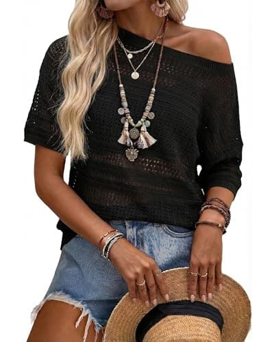 Arach&Cloz Womens 2026 Spring Summer Linen Blend Crochet Tops Beach Casual Short Sleeve Sweater Pullover Shirts Boho Resort Wear Vacation Cruise Outfits Lightweight Trendy Fashion Black M - Image 1