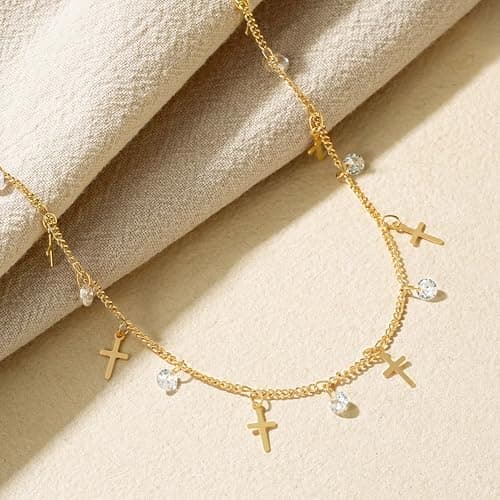 MTMY Gold Choker Necklace for Women 14K Gold Plated Cubic Zirconia Cross Heart Shell Teardrop Charm Station Choker Necklace Dainty CZ Chain Necklaces for Women Summer Jewelry Gifts(Cross) - Thumbnail 6