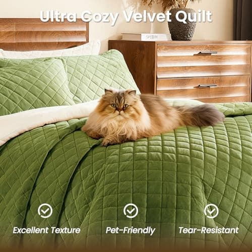 L'AGRATY Velvet Quilt Queen Size: 3-Piece Reversible Luxury Velvet Bedding Comforter Set - Lightweight Oversized Quilted Bedspread Coverlet with 2 Pillow Sham for All Season - Olive Green Quilt - Thumbnail 5