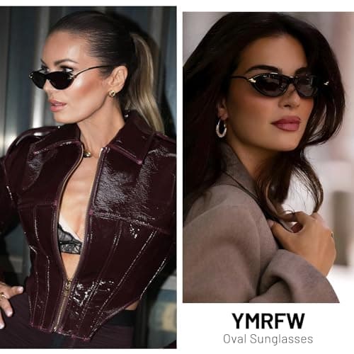 YMRFW Retro Oval Cat Eye Sunglasses for Women Y2k Designer Trendy Narrow Shades Metal Temples UV protection Sun Glasses - Thumbnail 3