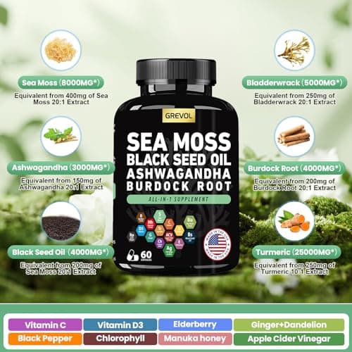 Sea Moss Black Seed Oil Ashwagandha Bladderwrack Burdock Root Turmeric & Vitamin C D3 Elderberry ACV Black Pepper - Multimineral Supplement - 60 Count - Thumbnail 3