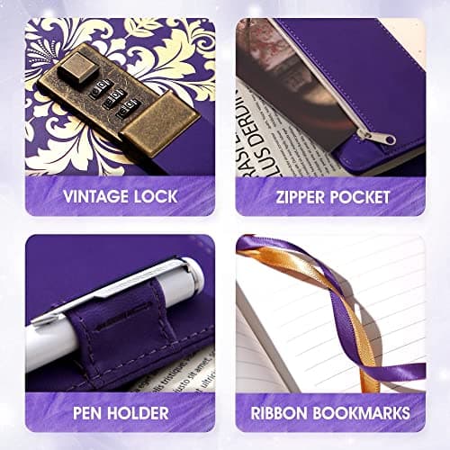CAGIE Lock Journal for Women Vintage Refillable Diary with Lock 224 Pages Leather Locked Journal for Personal Secrets Writing (Purple) - Thumbnail 6
