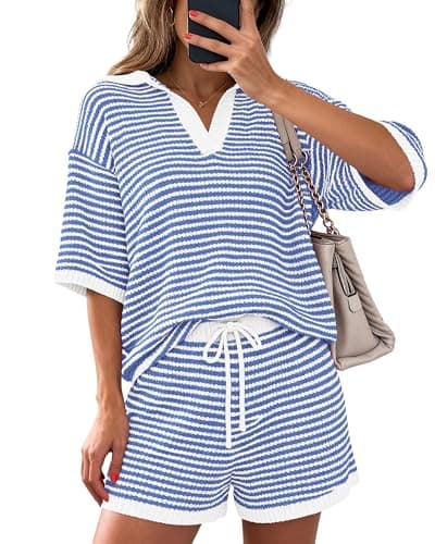 PRETTYGARDEN Women 2 Piece Lounge Sets Short Sleeve V Neck Striped Tops Drawstring Short Sets Beach Summer Outfits 2026(Striped Light Blue,Small) - Image 1