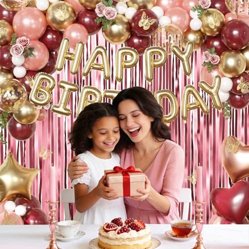 Burgundy Birthday Decorations for Women, Maroon Metallic Rose Gold White Gold Foil Confetti Balloons Happy birthday Banner Gold Butterfly Fringe Curtains Birthday Decorations for Women Girls - Thumbnail 6