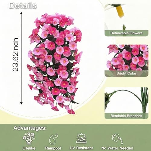 capirosa Artificial Flowers for Outdoors Fake Pink Morning Glory Hanging Flower Decoration, 2Pcs Realistic Faux Plants Petunias Long Trailing Vines,Spring Decor for Porch Patio Balcony Planter Yard - Thumbnail 4