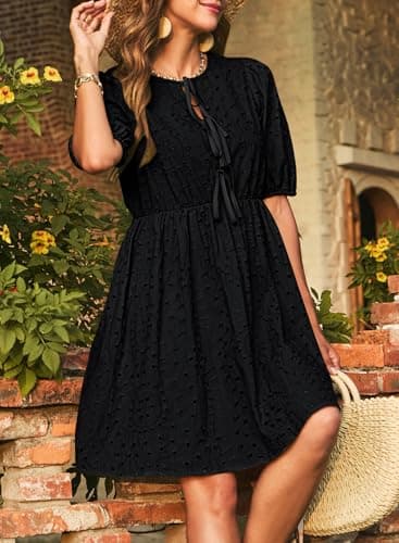 Dokotoo Prom Dress Tie Front V Neck Black Dresses Elegant A Line Hollow Out Cotton Dress Plus Size Short Dress for Women 2026 Casual Spring Wedding Guest Dress X-Large - Thumbnail 3