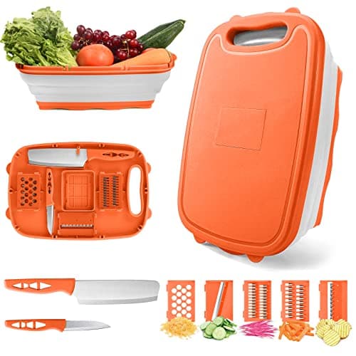 Camping Cutting Board, HI NINGER Collapsible Chopping Board with Colander, 9-In-1 Multi Kitchen Vegetable Washing Basket,Camping Gifts Accessories for RV Campers - Image 1