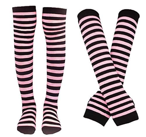 Bienvenu Colorful Rainbow Stripe Leggings Long Knit Gloves Socks Set Party Costume Accessory,Pink - Image 1