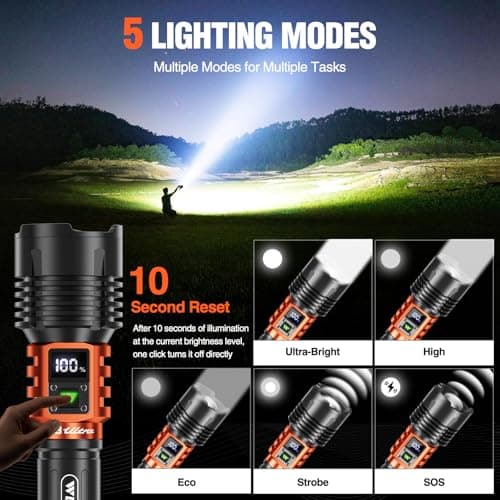 Wdtpro Rechargeable LED Flashlights High Lumens, Super Bright 90,000LM Rechargeable Flashlight with LCD Display, 5 Modes & Waterproof Powerful 10000mAh Handheld Flashlight for Camping Emergency Orange - Thumbnail 5