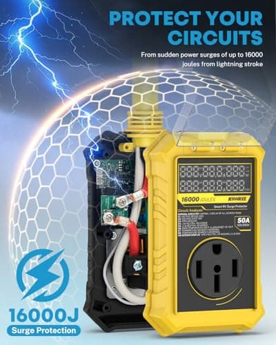 Kohree RV Surge Protector 50 Amp, RV Power Surge Voltage Protection, RV Adapter Plug with Real-Time Circuit Analyzer Smart Auto Shut Off LED Large Screen for Travel Trailers Camper, 50A 16000J-Yellow - Thumbnail 2