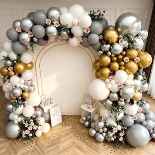 Silver Grey Balloon Garland Arch Kit 143Pcs Sand White Grey Metallic Silver Gold Latex Balloons for Bridal Shower Anniversary Engagement Wedding Birthday Party Decorations - Thumbnail 4