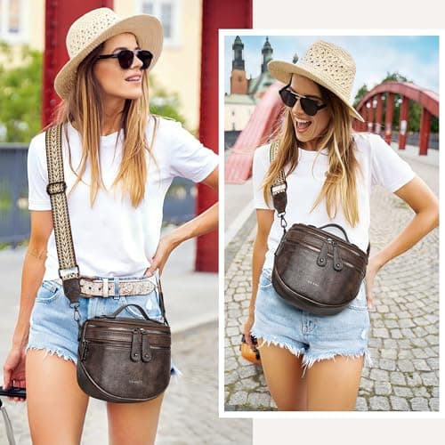 Shrrie Crossbody Bag for Women, Vegan Leather Purse for Women Shoulder Bag, Portable Handbag Chest Bag with Wide Strap, Coffee - Thumbnail 2