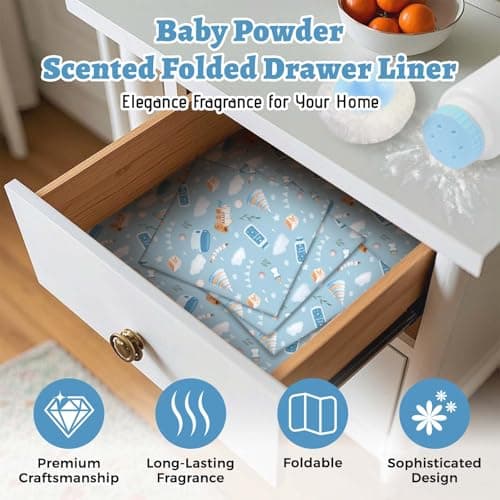 STRN Drawer Liners for Dresser, Baby Powder Scented Fragrant Drawer Liner 12 Sheets, Non-Adhesive Drawer Paper Liner for Bedroom Shelf Closet, Shoe Chest - Thumbnail 2