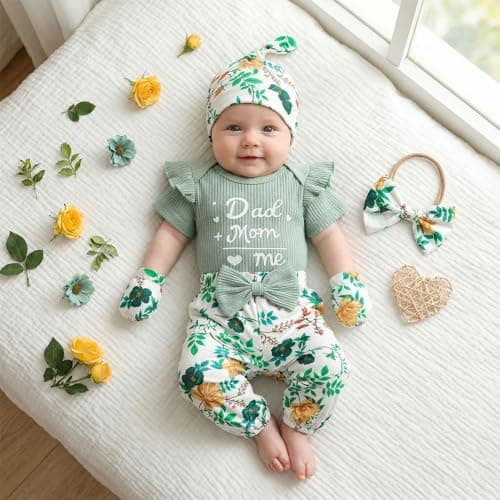 ChuYuKu Newborn Girl Clothes 5Pcs Ruffle Sleeve Soft Romper Cute Spring Flower Pants Set Baby Girls Celebration Gift Outfits - Thumbnail 3