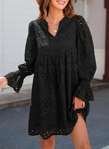 Dokotoo Spring Dresses for Women 2026 Fashion Tassel V Neck Spring Dress Long Sleeve A Line Hollow Out Lace Black Dress Ruffle Cute Flowy Beach Cocktail Sun Dresses Medium - Thumbnail 5