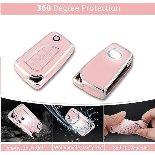 Pangpai Pink Key Fob Cover for Toyota, Soft TPU Key Case Protection with Bling Keychain Fit for Toyota Fortuner Tundra Camry RAV4 Highlander Corolla Smart Key Holder - Thumbnail 3