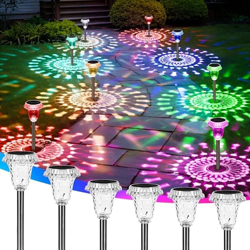 Solar Lights Outdoor Pathway Waterproof, Multicolor Decorative Garden Lights for Walkway Driveway Yard Lawn, Acrylic Solar Powered Landscape Path Lights, 10 Modes (3 White&7 Diverse Colors), 6 Pack