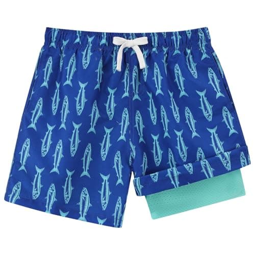 westwolf Kid Swim Trunks Size 5 6 Blue Fish Printed Little Boys Swimming Shorts 5T 6T Bathing Suit Boys with Compress Liner Blue Fish Stretch Swim Trunks Wear Daily Holiday Swim Shorts - Image 1