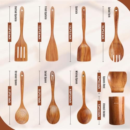 Wooden Spoons for Cooking, 9 PCS Teak Wood Cookware Utensil Set - Smooth Finish, Non-Stick, Comfortable Grip, Heat Resistant Kitchen Utensils Gift Box - Thumbnail 3