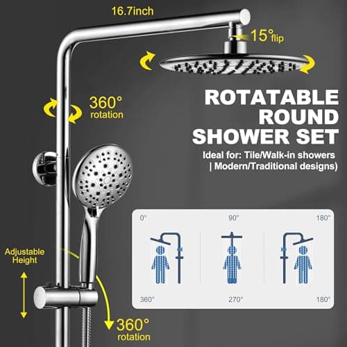 9 Inch Rain Shower Head System with Handheld Spray, Handheld Shower Heads with Multi Spray Modes, Brass Diverter Valve, 360° Swivel Adjustable Rainfall Shower, Chrome Shower Faucet Set for Bathroom - Thumbnail 2
