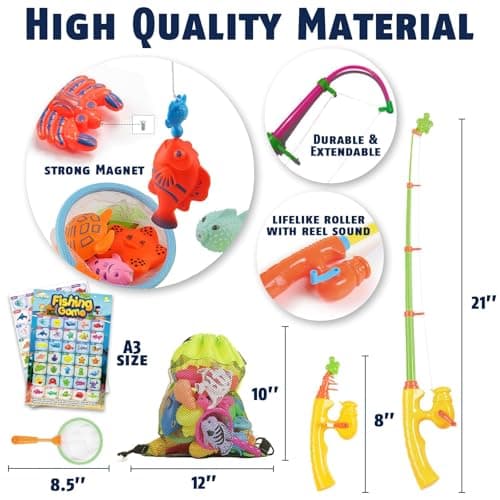 CozyBomB™ Magnetic Fishing Toys Game Set for Kids | Water Table Bathtub Kiddie Pool Party Pole Rod Net, Outdoor Plastic Floating Fish, Toddler Bath Color Ocean Sea Animals Birthday Gift Age 3-5 6 4-8 - Thumbnail 3