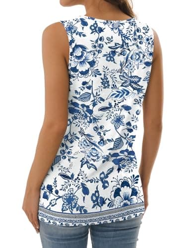 GKBK Womens Summer Tops Trendy Tank Tops Flowy V Neck t Shirts Vacation Outfits Flowy Sleeveless Tshirts Shirts Loose Fit Soft Dressy Blouses Blue-White Floral XXL - Thumbnail 5