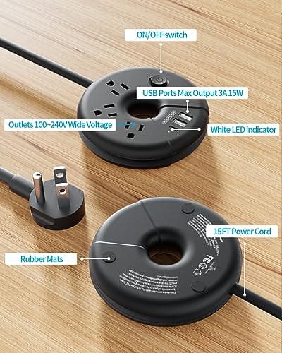 Extra Long Extension Cord 15 ft, NTONPOWER Flat Plug Power Strip with 3 Outlets 3 USB Ports(1 USB C), Flat Plug Power Strip, Extension Cord with Multiple Outlets for Lndoor, Home, Office, Dorm - Thumbnail 6