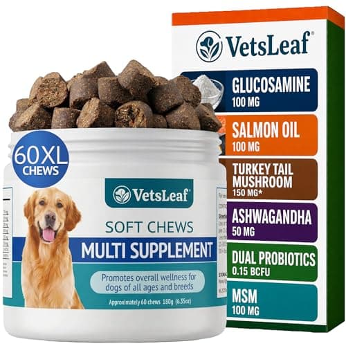 VetsLeaf Dog Multivitamin Chews - Glucosamine, Probiotics, Salmon Oil, Mushroom Blend & Ashwagandha - Daily Dog Vitamins for Immune, Joint, Skin, Gut and Energy Support - Made in USA - 60 Count