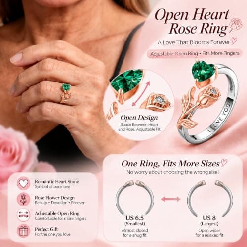 1CT Rose Heart Adjustable Ring 6.5~8 Emerald Ring Emerald VVS1 D Clarity 18K White/Rose Gold Gift for Wife Mother Daughter Birthday Wedding Engagement Christmas Anniversary Mothers Day Gift for Mom Bride - Thumbnail 5