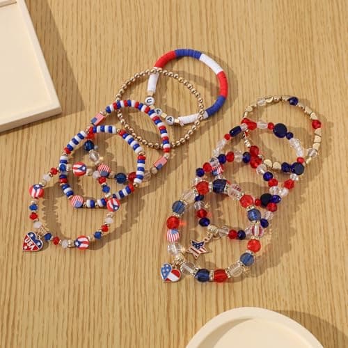 4th of July Bracelets, USA Flag Stars Stripes Stretch Bracelets for Women Teens, Red White and Blue Accessories Jewelry Gift for Patriotic Party - Thumbnail 4
