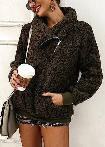 KIRUNDO Winter Clothing for Women Sherpa Pullover Fleece Zip Sweatshirt 2026 Fall Fashion Fuzzy Faux Shearling Warm Outwear(X-Large, Army Green) - Thumbnail 6