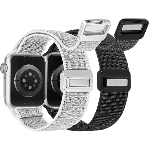 Crodi 2 Packs Nylon Loop Sport Bands Compatible with Apple Watch Band 44/45/46/49/42mm Women Men, Strong Magnetic Adjustable Straps for iWatch Series 11 10 9 8 7 6 5 4 SE/Ultra 3 2 1, Black&White - Image 1