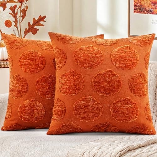 decorUhome Decorative Rust Pumpkin Thanksgiving Throw Pillow Covers 18x18 Set of 2, Soft Chenille Jacquard Farmhouse Textured Pillow Covers for Couch Bed Sofa Autumn Harvest Halloween Holiday