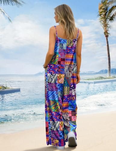 BOHOWE Womens Floral Outfits Plus Size Jumpsuits Loose Casual Wide Leg One Piece Sleeveless Summer Overalls Adjustable Straps Long Pant Rompers 2XL HPZ P002B - Thumbnail 4