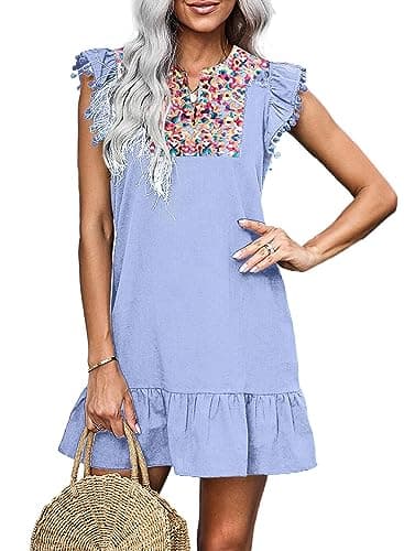KIRUNDO Women's 2026 Summer Mini Dress Spring Casual V Neck Floral Embroidered Ruffle Sleeveless Shift Flowy Boho Dress (Blue, Medium) - Image 1