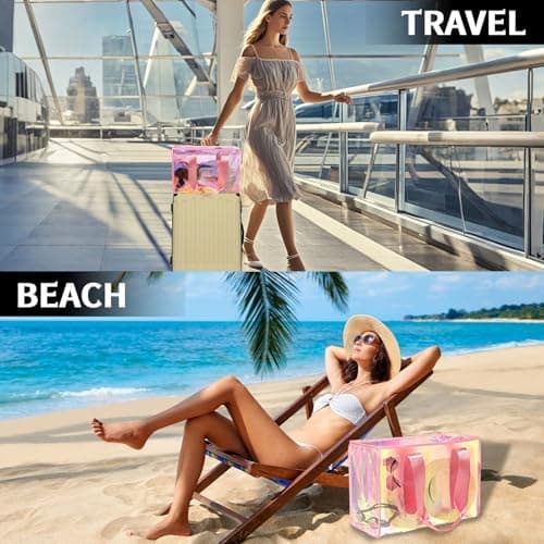 GolfFox 26L Extra Large Iridescent Beach Bag Set - Pink Tote Bag with Zipper & Waterproof Touchscreen Phone Pouch，Perfect Beach Essentials for Family - Thumbnail 2