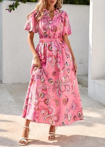 KIRUNDO Women Spring Summer Wedding Guest Boho Floral Maxi Dress Puff Sleeve Button Shirt V Neck Flowy Beach Vacation Dress(Pink, Small) - Thumbnail 3