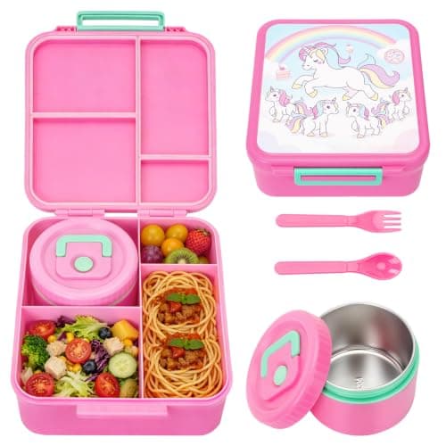 Kids Bento Lunch Box with 12oz Soup Thermo, 4 Compartments Leak Proof Lunch Box, Stainless Steel Insulated Food Jar for Girls Back to School, Daycare, Camping, Picnic, Unicorn Birthday Gifts for Girl - Image 1