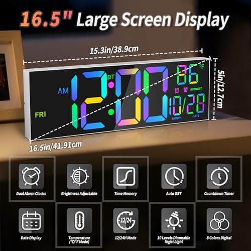 Mee 2ou 16.5" Digital Wall Clock White with Bluetooth Auto-Sync,Large LED Display,Smart Auto Dimming,DST,Remote Control, Night Light, Date & Temperature for Living Room, Gym, Office - Thumbnail 2