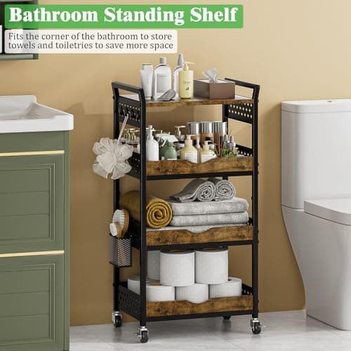 MJIMKE 4-Tier Utility Rolling Cart with Wheels - Kitchen Organizations and Storage Metal Cart, Detachable Fruits Coffee Snacks Art Craft Storage Cart for Bathroom, Pantry & Laundry, Black - Thumbnail 4