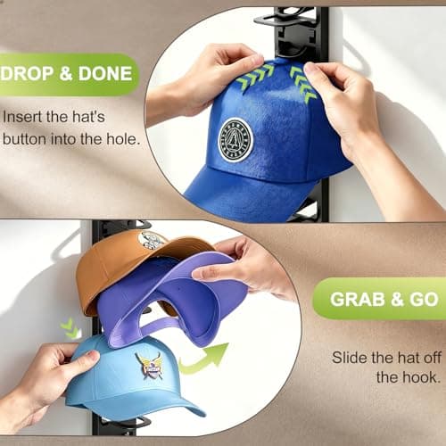 HeQe 2 Pack Hat Organizer for Baseball Caps, Hat Rack for Wall, Hat Storage, Hat Holder with Strong Adhesive and Screws (Black) - Thumbnail 2