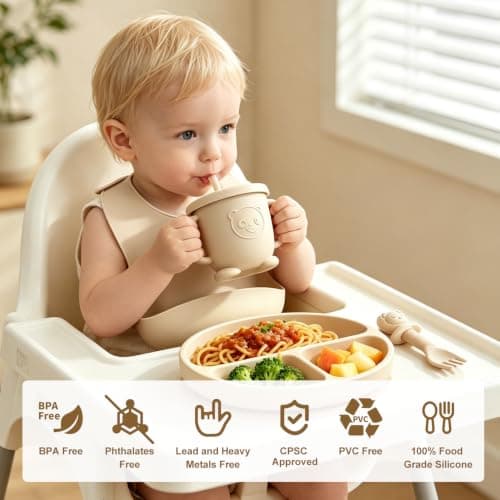 Baby Led Weaning Supplies, 17 Piece BPA-Free Silicone Feeding Set, Eating Essentials Baby Utensils with Suction Plate and Bowl, Pocket Bib, Sippy Cup with Lid, for 6+ Months, Beige - Thumbnail 3