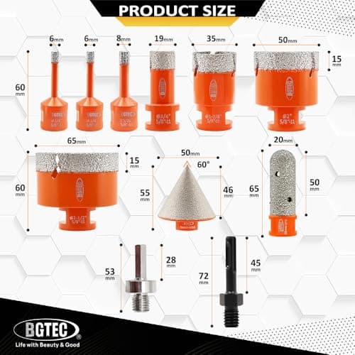 BGTEC Tile Hole Saw Kit Diamond - 11PCS 5/8-11 Thread Drill Bits 6/6/8/19/35/50/65mm+50mm Beveling Chamfer Bit+20mm Finger Bit+SDS/HEX Adapter for Pocelian Tile Ceramic Marble Granite Stoneware - Thumbnail 2