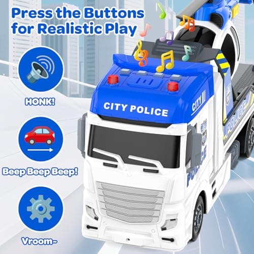 21.2 Inch Semi Police Truck Toy for 3 4 5 Years Old Boys - With Racing Car and Helicopter, Friction Powered Transport Truck Crane Vehicle with Lights and Sounds for Boy Christmas Birthday Gifts - Thumbnail 4
